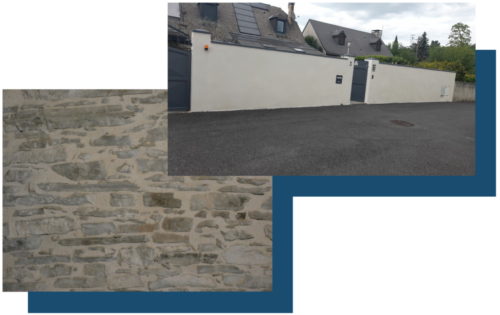 Photos d'un mur extérieur enduit et d'un mur intérieur finitions pierres apparentes